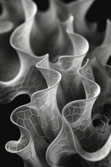 Fototapete - A cluster of soft grey and white shapes on a black background, resembling sound absorption in a recording studio,