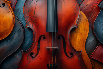 Fototapete - A composition of sharp geometric forms and smooth curves in contrasting colors, representing different musical instruments coming together,
