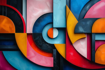 Fototapete - A composition of sharp geometric forms and smooth curves in contrasting colors, representing different musical instruments coming together,