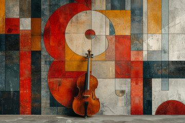 Wall Mural - A composition of sharp geometric forms and smooth curves in contrasting colors, representing different musical instruments coming together,