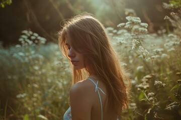 Wall Mural - Peaceful young woman enjoys a quiet moment in a sun-drenched meadow at sunset