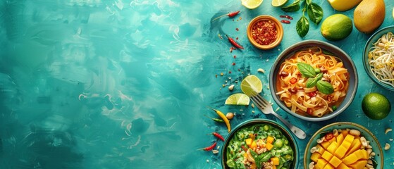 A blue background with a variety of food items including bowls of pasta, salad
