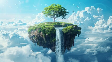 Wall Mural - A surreal 3D illustration presents a fantasy floating island with a river stream, green grass, trees, and a waterfall, evoking a paradise concept against a blue sky with clouds.