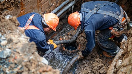 Two plumbers working together to clear a blocked outdoor drainage pipe.