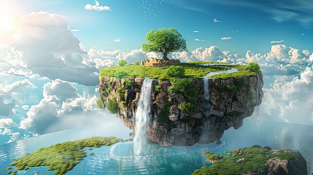 A surreal 3D illustration presents a fantasy floating island with a river stream, green grass, trees, and a waterfall, evoking a paradise concept against a blue sky with clouds.