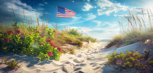 Wall Mural - Tranquil coast with a Memorial Day flag and beach-loving flowers at a veteran's grave, oceanic serenity.