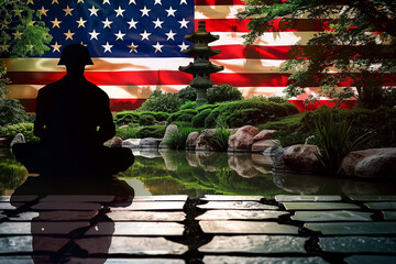 Wall Mural - Peaceful Memorial Day tranquility: American flag silhouette of a praying soldier in a Zen garden setting.