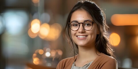 Portrait of a female software developer smiling in an office setting while wearing glasses. Concept Technology, Workplace, Glasses, Portrait, Smiling