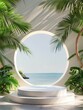 3d products display podium scene, Tropical beach with palm trees in the background
