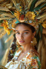 Wall Mural - Scene of a goddess with a headdress of corn and wheat, holding a basket of harvest bounty,