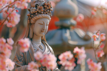 Poster - Scene of the Japanese goddess Konohanasakuya-hime, associated with blossoming trees and flowers, surrounded by cherry blossoms and symbolizing renewal,