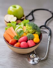 A bowl of fruit and vegetables sits on a table next to a stethoscope