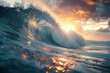surfing ocean wave at sunset, plunging breaker