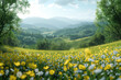 Beautiful spring landscape with blooming meadow on a foreground