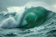 Surfing ocean wave in stormy weather.