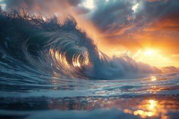 Wall Mural - Surfing ocean wave at sunset.