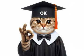 A cat wear Graduation cap with OK sign or showing okay gesture Isolated on white background