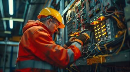 Wall Mural - Engineers installing safety devices on electrical panels to prevent accidents.