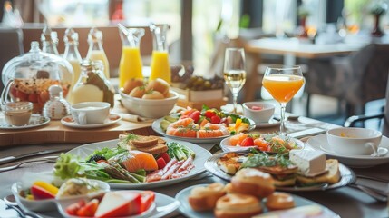 Table full of various fresh food in luxury modern restaurant. Delicious breakfast. generative ai