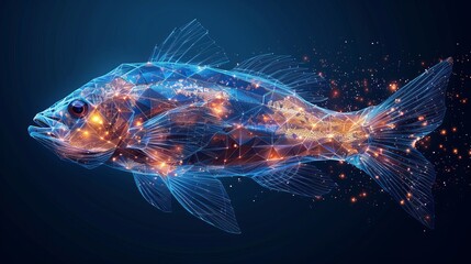 Wall Mural - Illuminated against a dark blue backdrop, a futuristic glowing low polygonal fish embodies the essence of oceanarium and marine science. This modern wireframe mesh design offers a striking visual.
