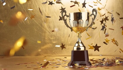 Wall Mural - golden trophy with confetti isolated on gold background