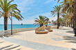 Picturesque seafront palm-tree lined promenade of Torre de la Horadada. Empty pedestrian walkway and turquoise Mediterranean Sea. Costa Blanca, Spain. Summer vacation, travel and holidays concept