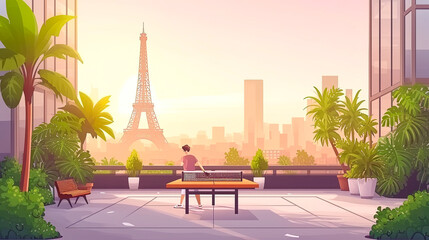 Canvas Print - simple line art minimalist collage illustration with professional in table tennis practices tactics or strategy of the game and Eiffel Tower in the background