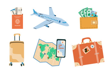 Summer vacation plane and other journey or trip elements for flight and travel to sea. Beach summer stickers palm, sunbed, umbrella, camera. Luggage, phone and paper map, airplane, suitcase and wallet