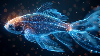 Wall Mural - Rendered as a hologram, a fish emerges from polygons, triangles, and lines, forming a low-poly compound structure. This illustration embodies the fusion of marine life with technology.
