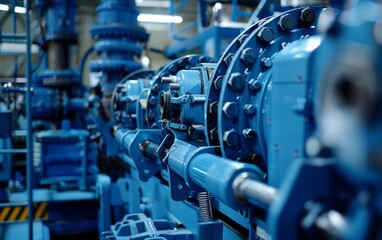 Blue industrial machinery with intricate mechanical details.