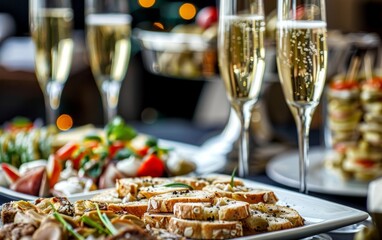 Elegant buffet with champagne flutes and gourmet appetizers.