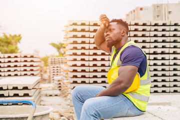 tired stress hard worker feel bad sweating from hot weather in sunny day outdoor, black african peop