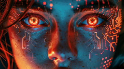 Portrait of a woman's face with glowing red eyes and a circuit board pattern overlay.