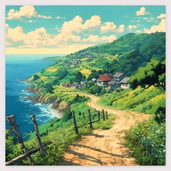 AI generated illustration of a country hill road with a view of the sea