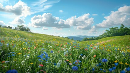 Beautiful spring landscape with colorful wildflowers in a green meadow on a blue day, generative AI hyper realistic 