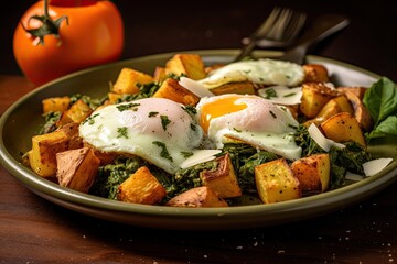Wall Mural - Breakfast plate with root vegetable hash and fried eggs