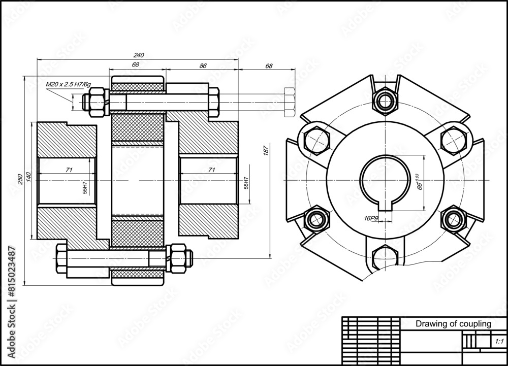 Assembly drawing of coupling. Vector drawing of steel mechanical device ...