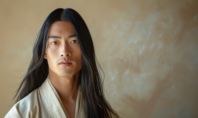 Wall Mural - Portrait of young Asian man with dark long hair in traditional clothes looking at camera