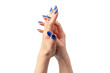 Hand of a woman with blue nails isolated on a white background.
