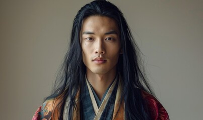 Sticker - Portrait of young Asian man with dark long hair in traditional clothes looking at camera