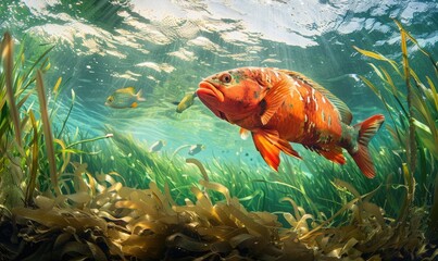 Wall Mural - Cockerel fish alongside parrotfish, nature background