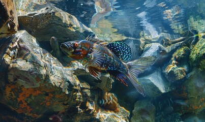 Cockerel fish swimming alongside wrasse