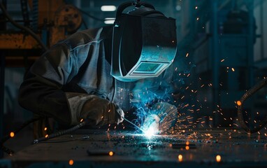 Welder at work with intense sparks in a dark setting.