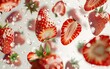 Whole and halved strawberries floating on white background.