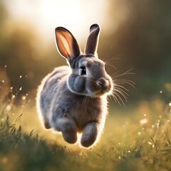 Wall Mural - AI generated illustration of a cute bunny romping in grass at sunset