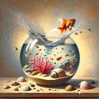 Goldfish escaping from the fishbowl creating a big splash