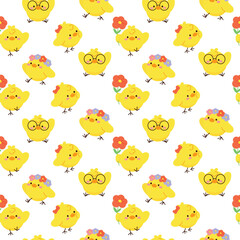 Wall Mural - Cute Yellow Chick seamless pattern background vector. Animal hand drawn tile poster of duckling, duck, goose in pattern. Cartoon character creative design illustration for fabric, packaging, tiles.