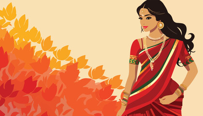 Indian woman in sari with autumn leaves background. Vector illustration.