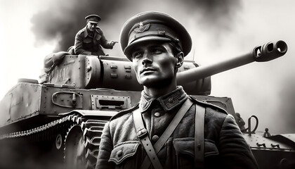A man in a military uniform stands in front of a tank. The man is wearing a hat and a jacket