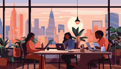 Wall Mural - people working in coworking office vector illustration. cartoon man and woman sitting at table, usin